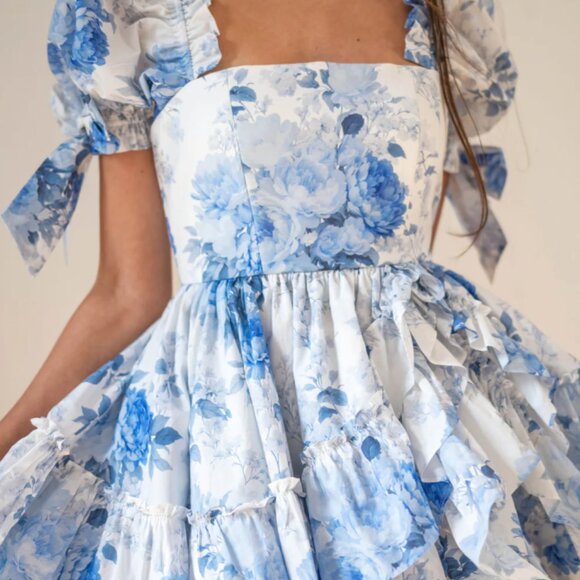 Fanciful Doll My Fair Lady Liaisons Blue Floral Tiered Ruffle Mini Dress - Picture 5 of 9